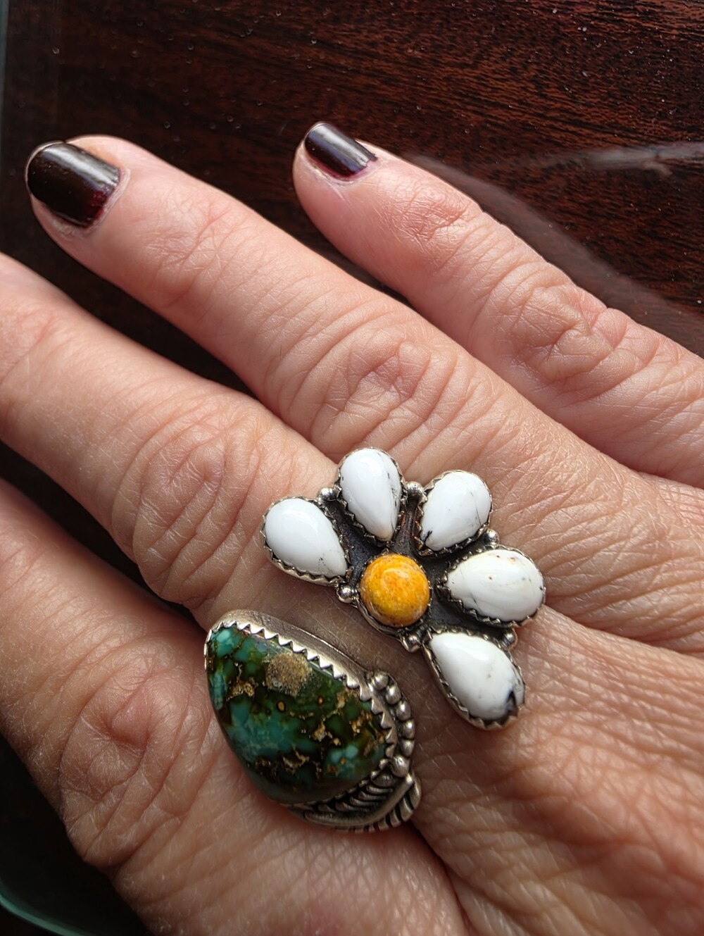 Sterling Silver Orange Mohave, Sonoran Mountain Turquoise & White Buffalo Ring - Picture 2 of 4